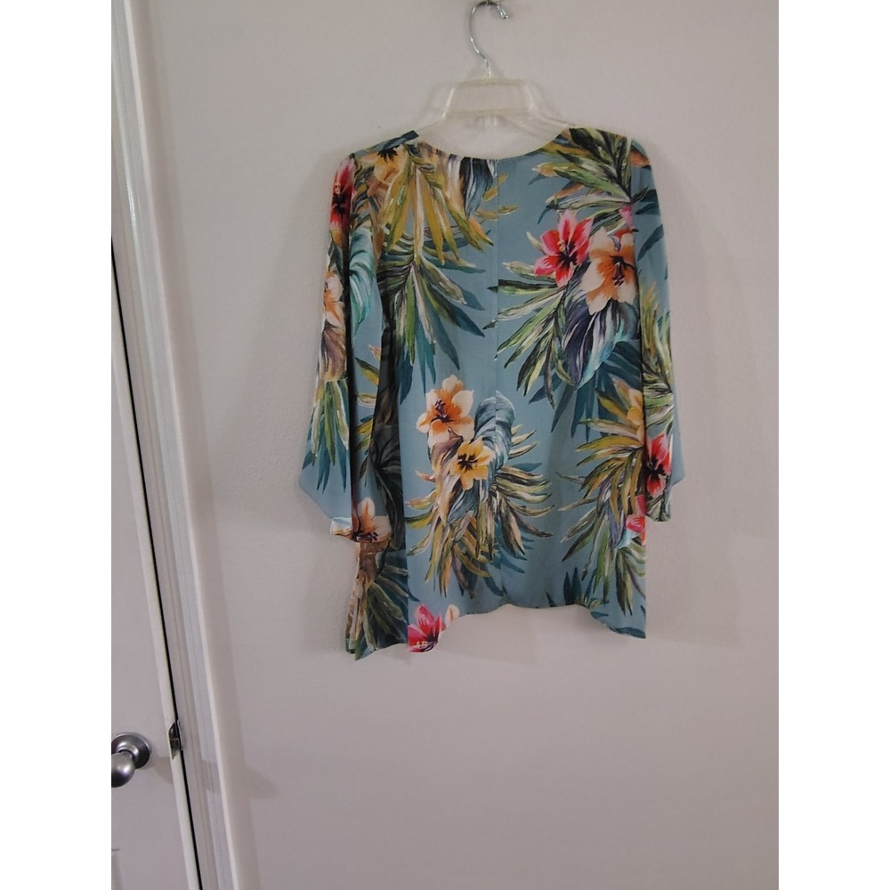 Karen Kane Tropical Floral Blouse Blue Hibiscus Palm Print 3/4 Sleeve Top XS - Picture 3 of 3